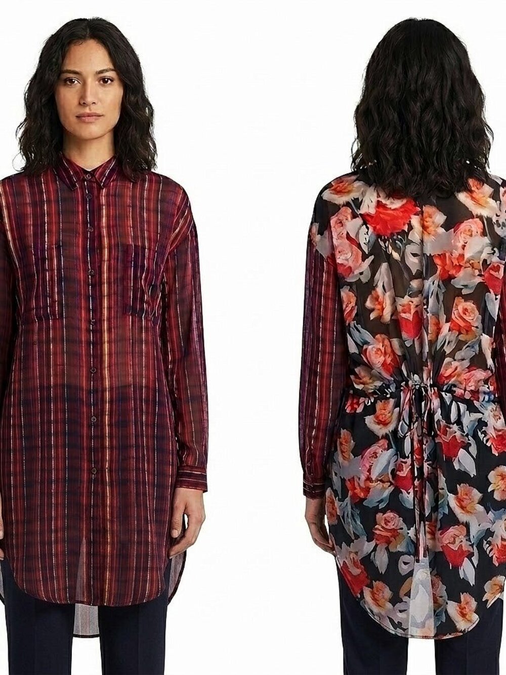 Rachel Rachel Roy Sheer Striped & Floral Long Line Boho Blouse- Sz. Med